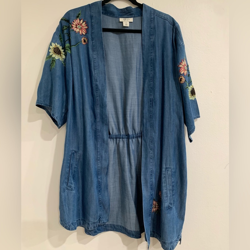 XL Chambray Floral Embroidered Open Front Cardigan Kimono Boho Spring Coastal - Picture 4 of 16